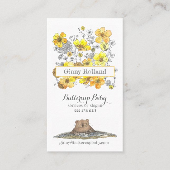 Buttercups and Adorable Groundhog Yellow Floral Business Card (Front)