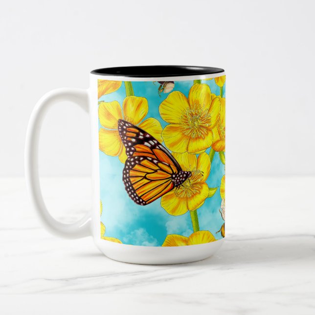 Buttercups, Bees and Butterflies on Clouds Two-Tone Coffee Mug (Left)