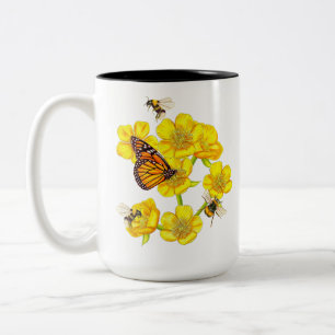 Buttercups dance with bees and butterflies Two-Tone coffee mug