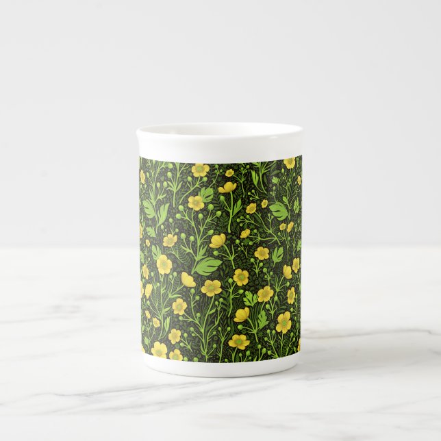 Buttercups on black bone china mug (Front)