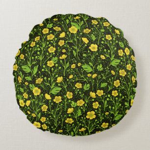 Buttercups on black round cushion