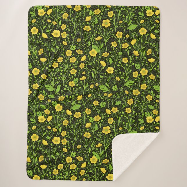 Buttercups on black sherpa blanket (Front)