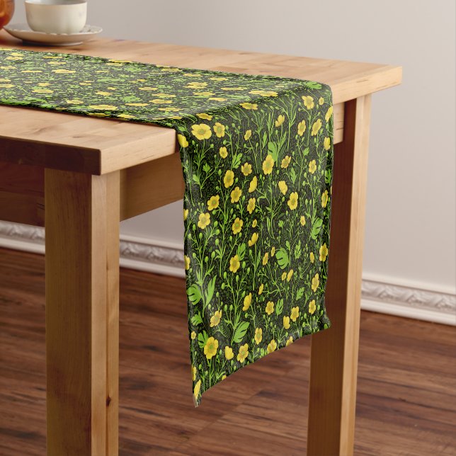 Buttercups on black short table runner (In Situ)
