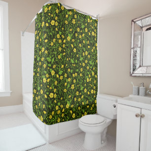 Buttercups on black shower curtain