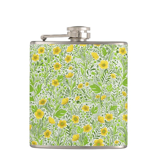 Buttercups on white hip flask (Front)