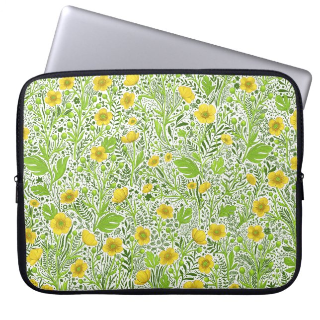 Buttercups on white laptop sleeve (Front)
