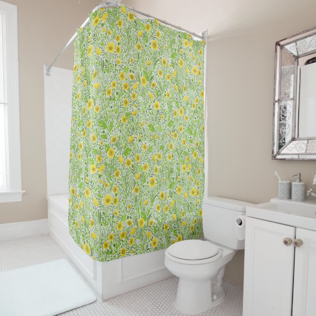 Buttercups on white shower curtain (In Situ)