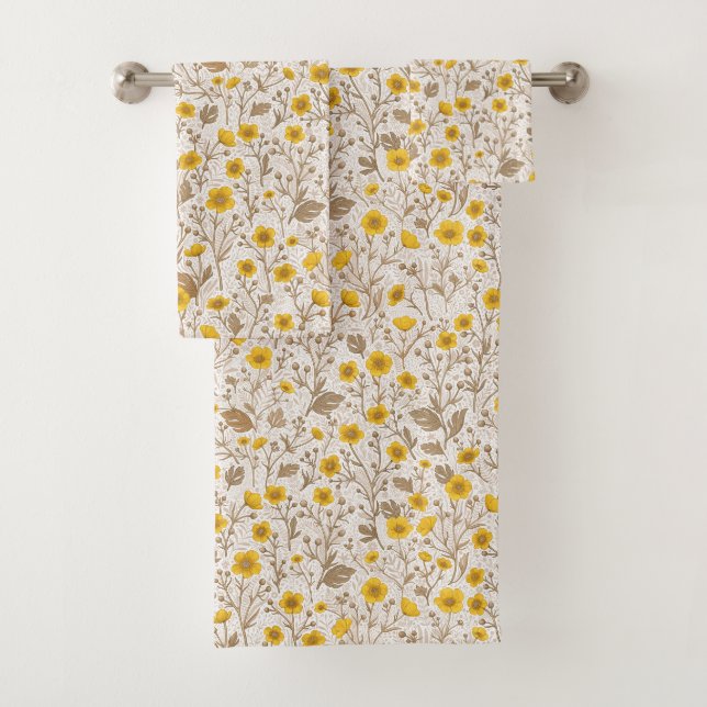 Buttercups, yellow and brown bath towel set (Insitu)
