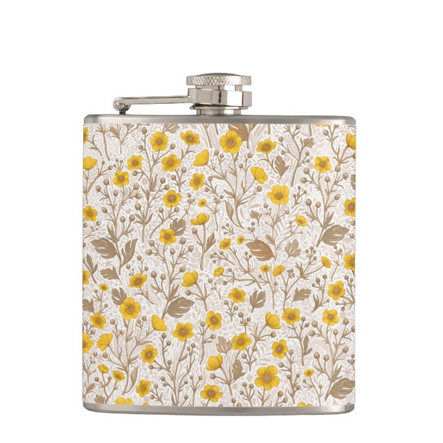 Buttercups, yellow and brown hip flask (Front)