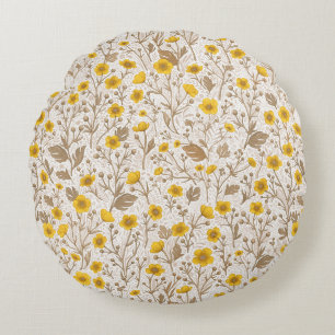 Buttercups, yellow and brown round cushion