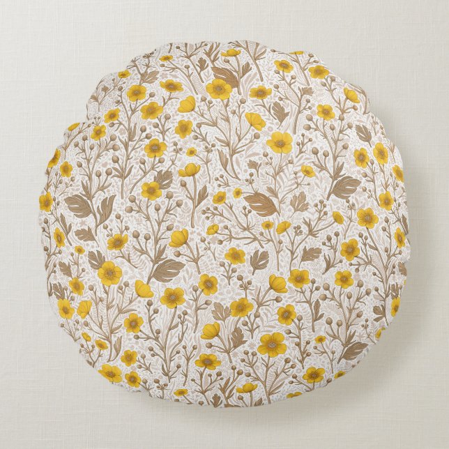 Buttercups, yellow and brown round cushion (Front)