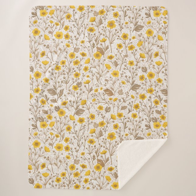 Buttercups, yellow and brown sherpa blanket (Front)