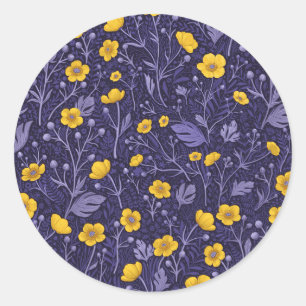 Buttercups, yellow and violet classic round sticker