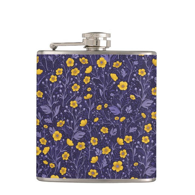 Buttercups, yellow and violet hip flask (Front)