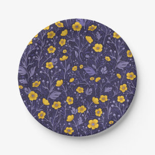 Buttercups, yellow and violet paper plate