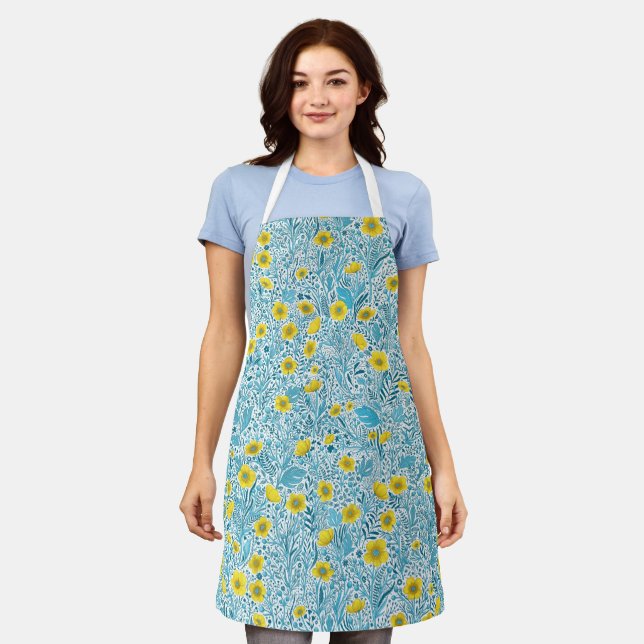 Buttercups, yellow, blue and white apron (Worn)