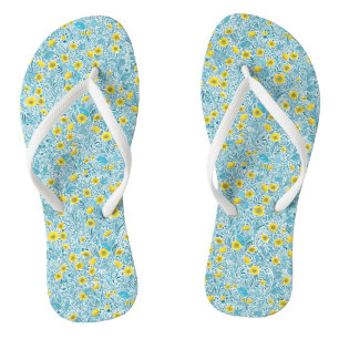 Buttercups, yellow, blue and white flip flops