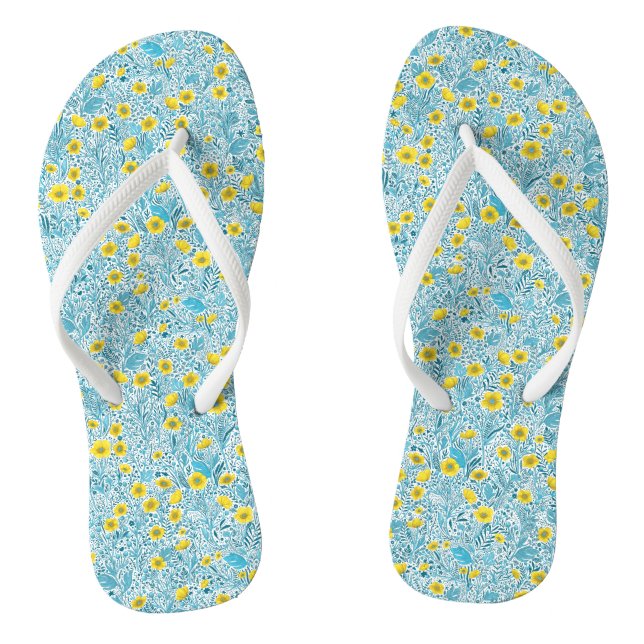 Buttercups, yellow, blue and white flip flops (Footbed)