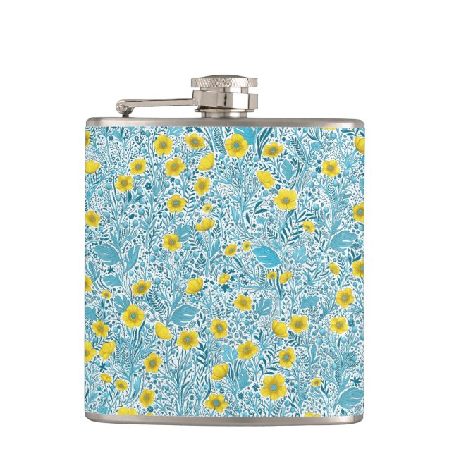 Buttercups, yellow, blue and white hip flask (Front)