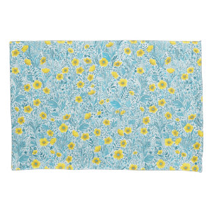 Buttercups, yellow, blue and white pillowcase