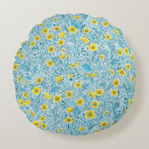Buttercups, yellow, blue and white round cushion