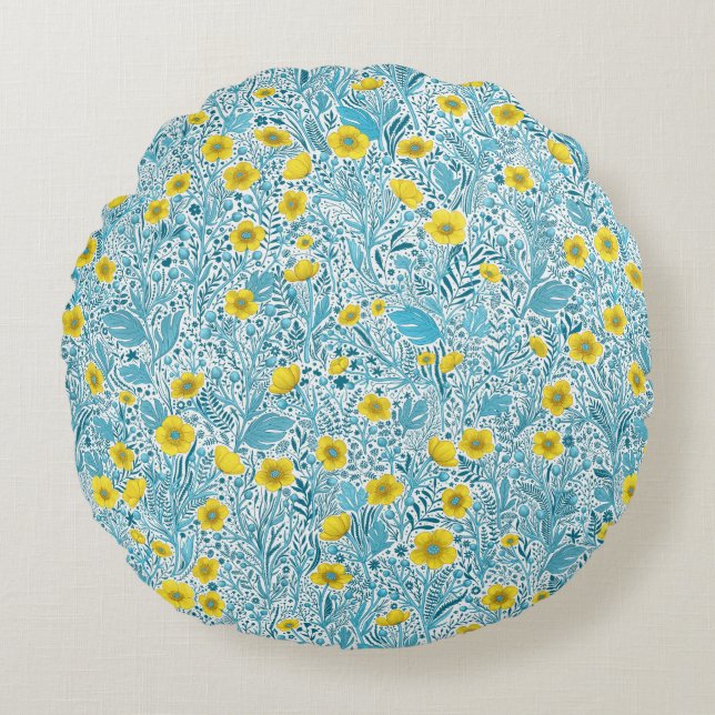 Buttercups, yellow, blue and white round cushion (Front)