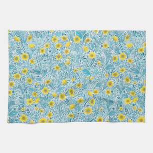 Buttercups, yellow, blue and white tea towel