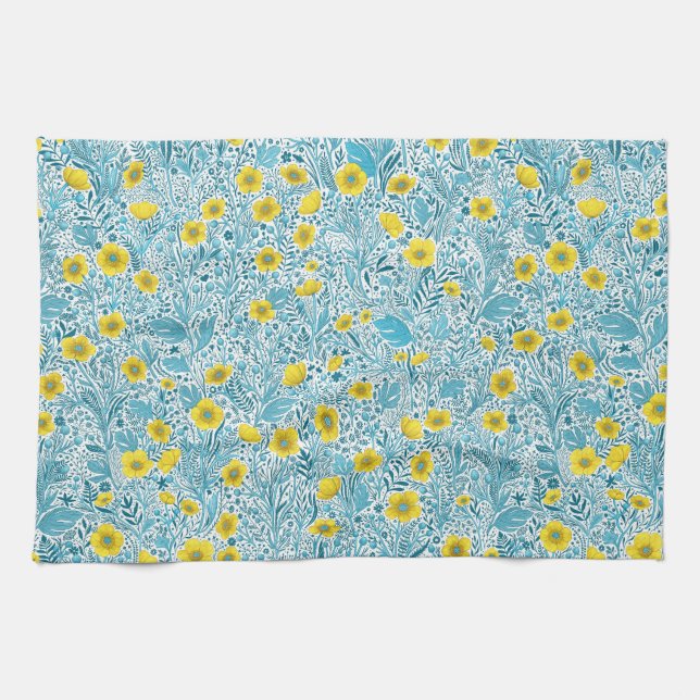 Buttercups, yellow, blue and white tea towel (Horizontal)