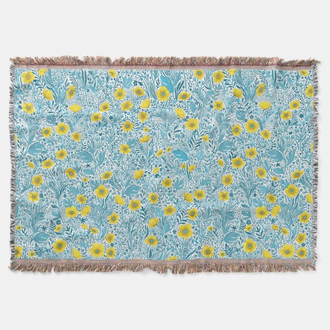 Buttercups, yellow, blue and white throw blanket (Front)