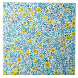 Buttercups, yellow, blue and white tile