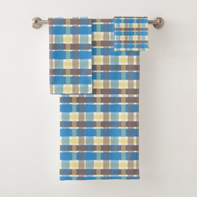 Buttered Popcorn Coffee Brown Sonic Blue Plaid Bath Towel Set (Insitu)