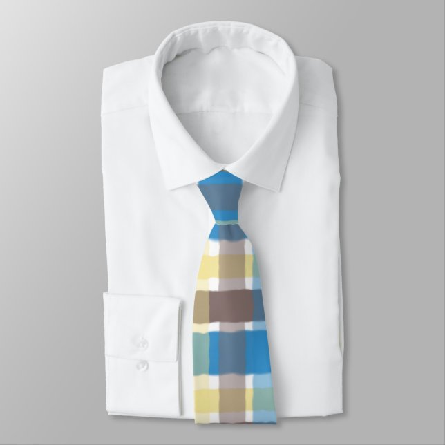 Buttered Popcorn Coffee Brown Sonic Blue Plaid Tie (Tied)