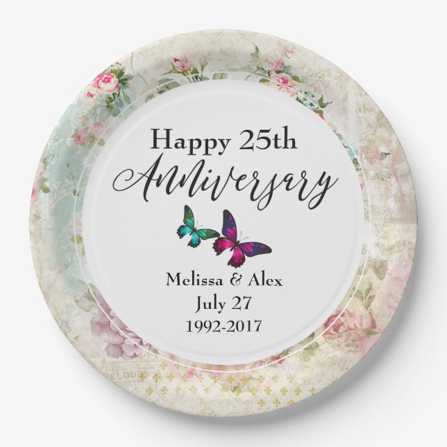 Butterflie and Vintage Roses Anniversary Paper Plate (Front)