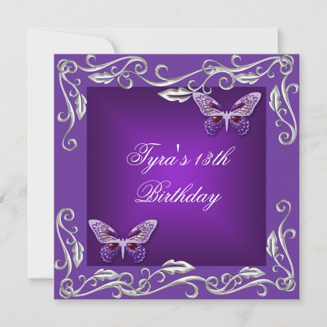 Butterflies 13th  Birthday Party Bright Purple Invitation (Front)