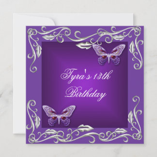Butterflies 13th  Birthday Party Bright Purple Invitation