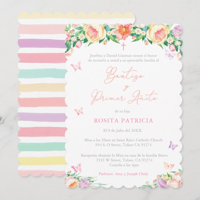 Butterflies 1st Birthday Baptism for Girl, Spanish Invitation (Front/Back)