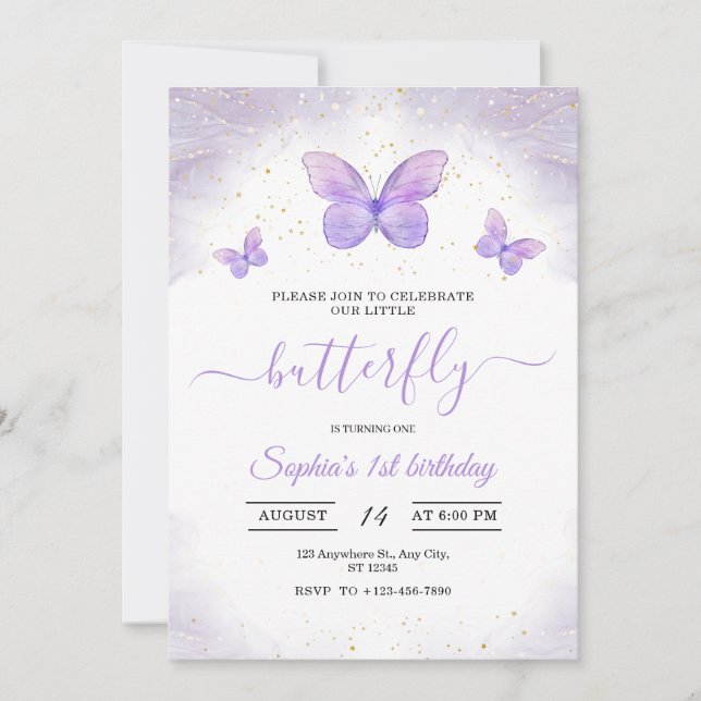 Butterflies 1st Birthday Invitation Girls Birthday (Front)