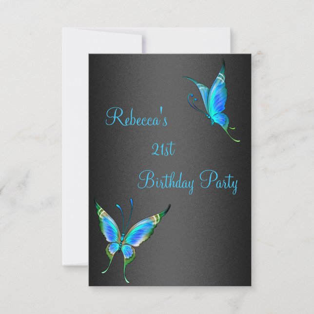 Butterflies 21st Birthday Party Blue Black Invitation (Front)