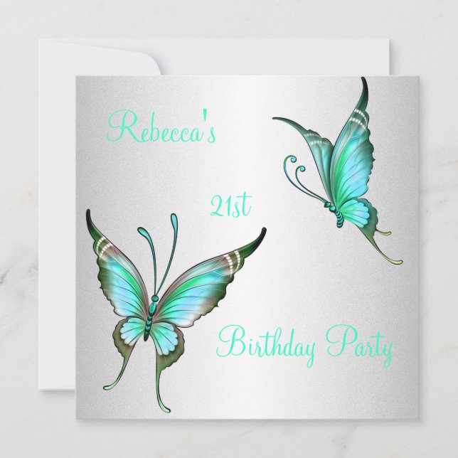 Butterflies 21st Birthday Party Green White Invitation (Front)