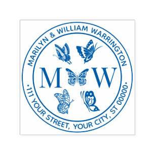 Butterflies #4 Couple Wedding 2 Initial Address Self-inking Stamp