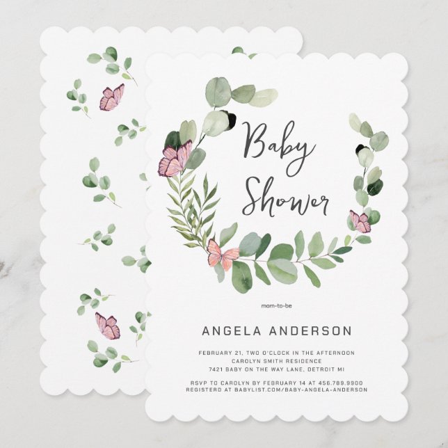 Butterflies All Around Scalloped Baby Shower Invitation (Front/Back)