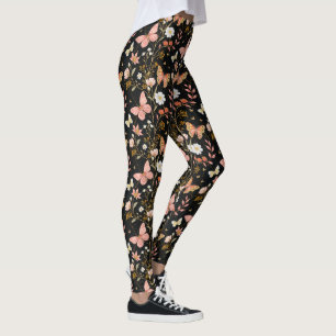 Butterflies amd Flowers Pastel Pink Black Marble Leggings
