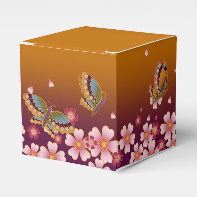 Butterflies Amid Sakura Blossoms Customisable Gold Favour Box (Front Side)