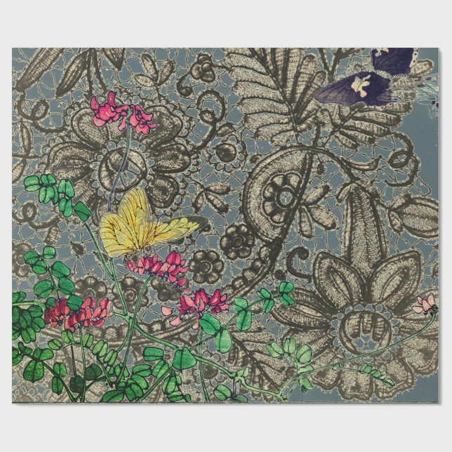 BUTTERFLIES AND ANTIQUE LACE PATTERN GIFT WRAPPING WRAPPING PAPER (Flat)