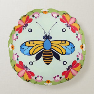 Butterflies and Bees Adorned with Flowers Round Cushion
