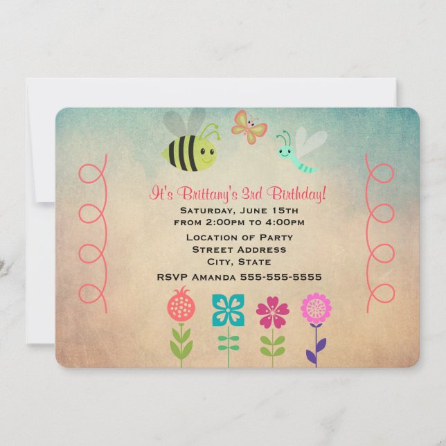 Butterflies and Bees Childs Birthday Party Invitation (Front)