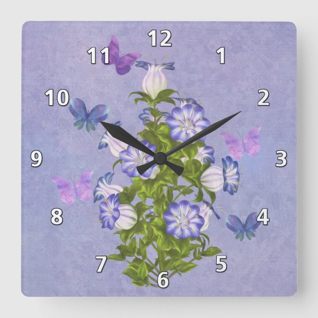 Butterflies and Bell Flowers Square Wall Clock (Front)