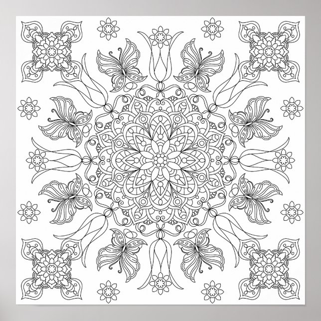 Butterflies and Blossoms Mandala Adult Colouring Poster (Front)