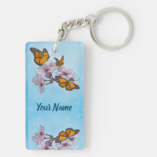 Butterflies and Blossoms on Blue Background Key Ring