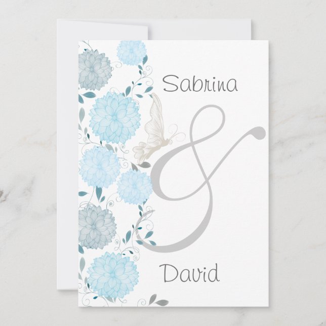 Butterflies and Blue Chrysanthemums Wedding Invitation (Front)